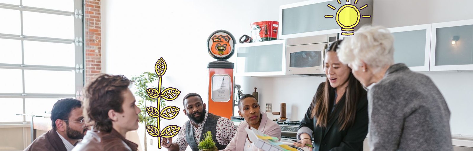 A store owner with her team around a table, a drawn lemon plant and a lemon bulb above the two people on the right